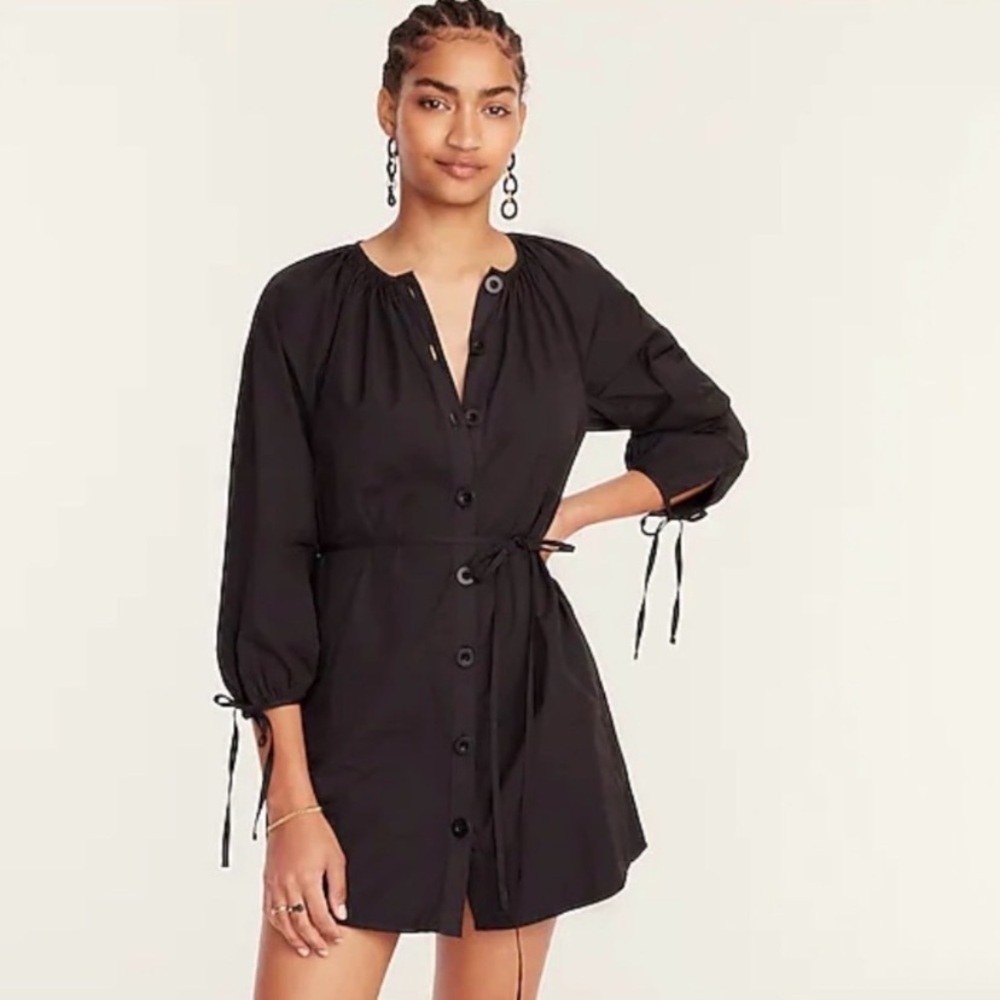 New J. Crew Tie Sleeve Poplin Button Front Mini Dress Shirtdress Size Large
